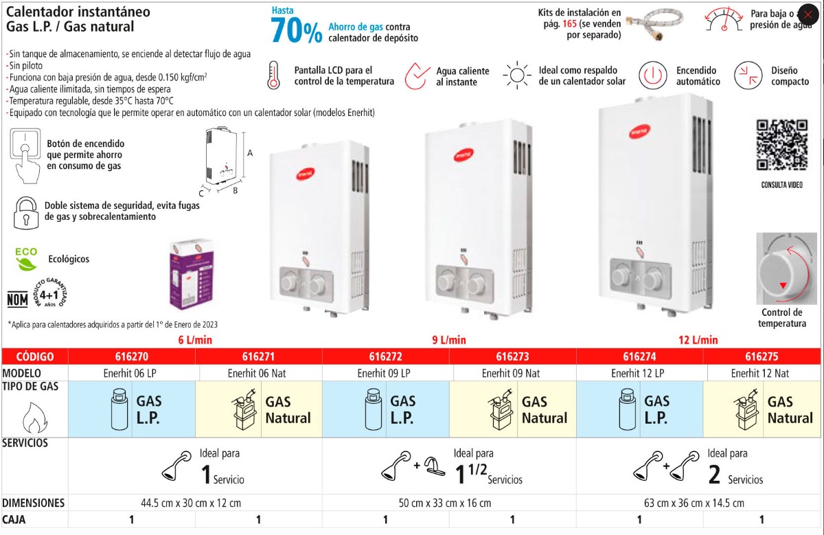 CALENTADOR INSTA IUSA ENERHIT 09L GAS NATURAL 1 1/2 SERVICIOS