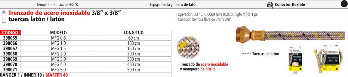 MANGUERA FLEXIBLE P/GAS 3/8 X 3/8 1.50 MTS