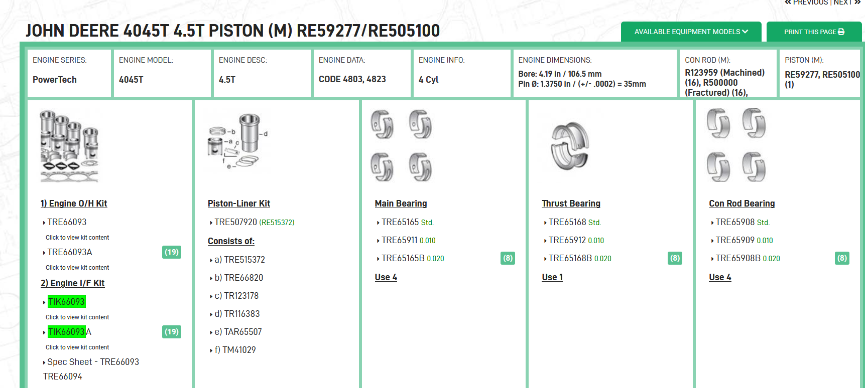 MEDIA REPARACION  4045T 4.5T JOHN DEERE PISTON (M) RE59277 RE505100