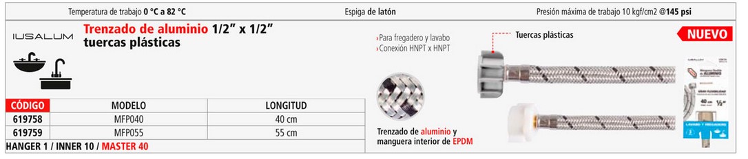 MANGUERA ALUMIN LAVAVO Y FREGADERO 1/2 X 1/2 55CM