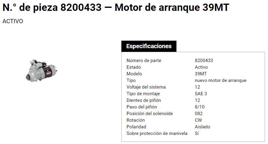 MARCHA 39MT 12V DELCO REMY 12D 8200604 INTERNATIONAL