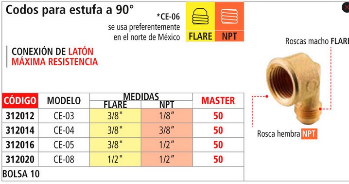 CODO P/ESTUFA DE 90 CE-5 3/8 X 1/2 EMP50 GAS