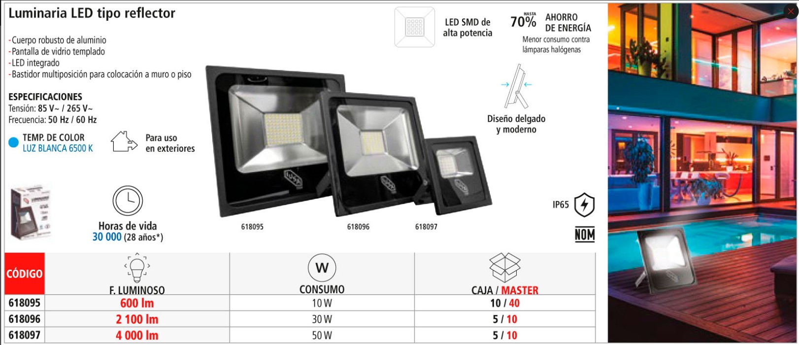 LAMPARA REFLECTOR LED EXTERIOR SLIM 50W 30-6500K CANDIL