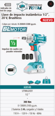 LLAVE DE IMPACTO INALÁMBRICA 1/2\”, 20 V, BRUSHLESS