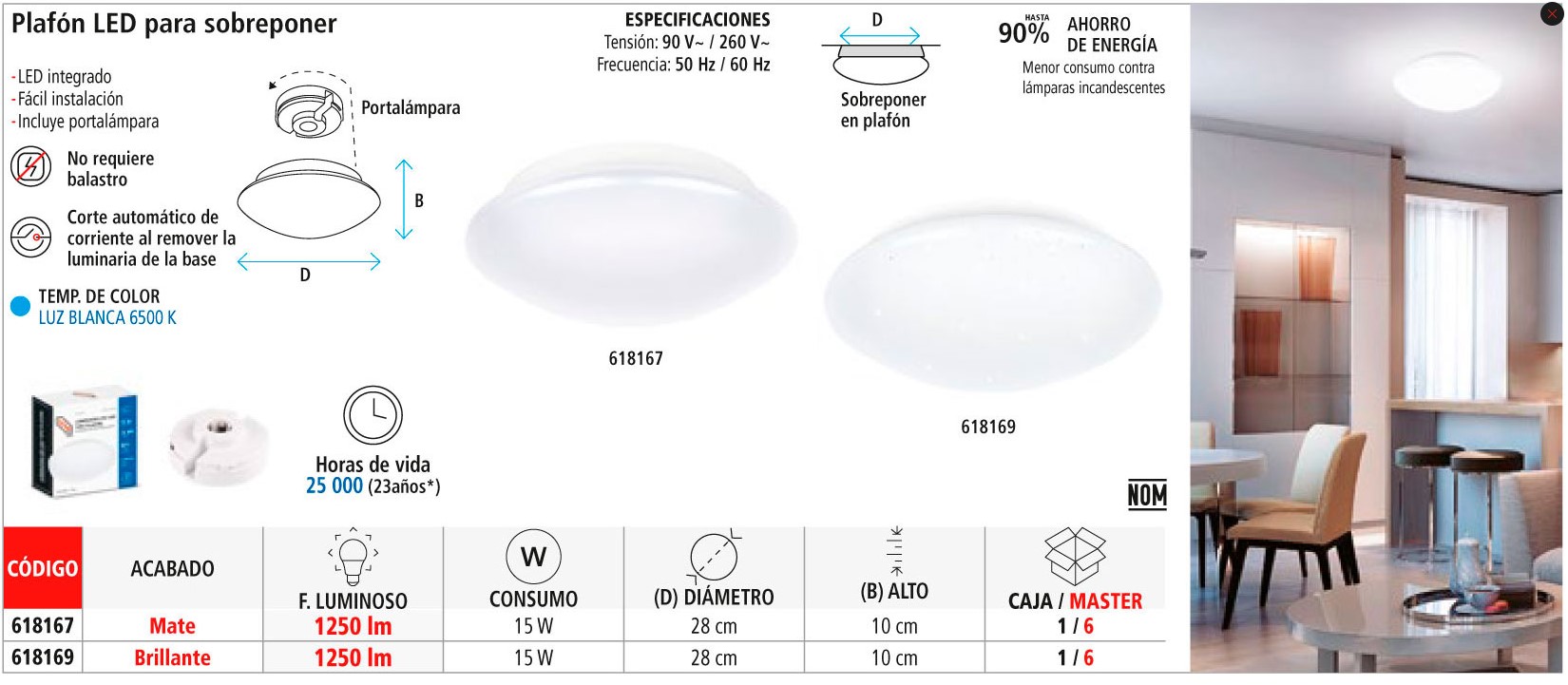 LUMINARIA PLAFON LED BRILLANTE 15W 6500K MV DECORATIVO LUZ BLANCA