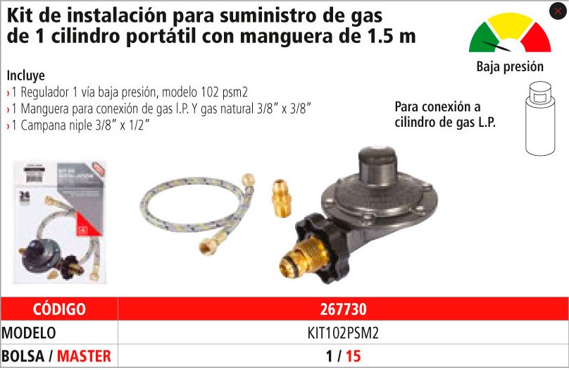 KIT P/INSTALACION TANQUE DE GAS 1 CIL MANGUERA 1.5 102PSM2