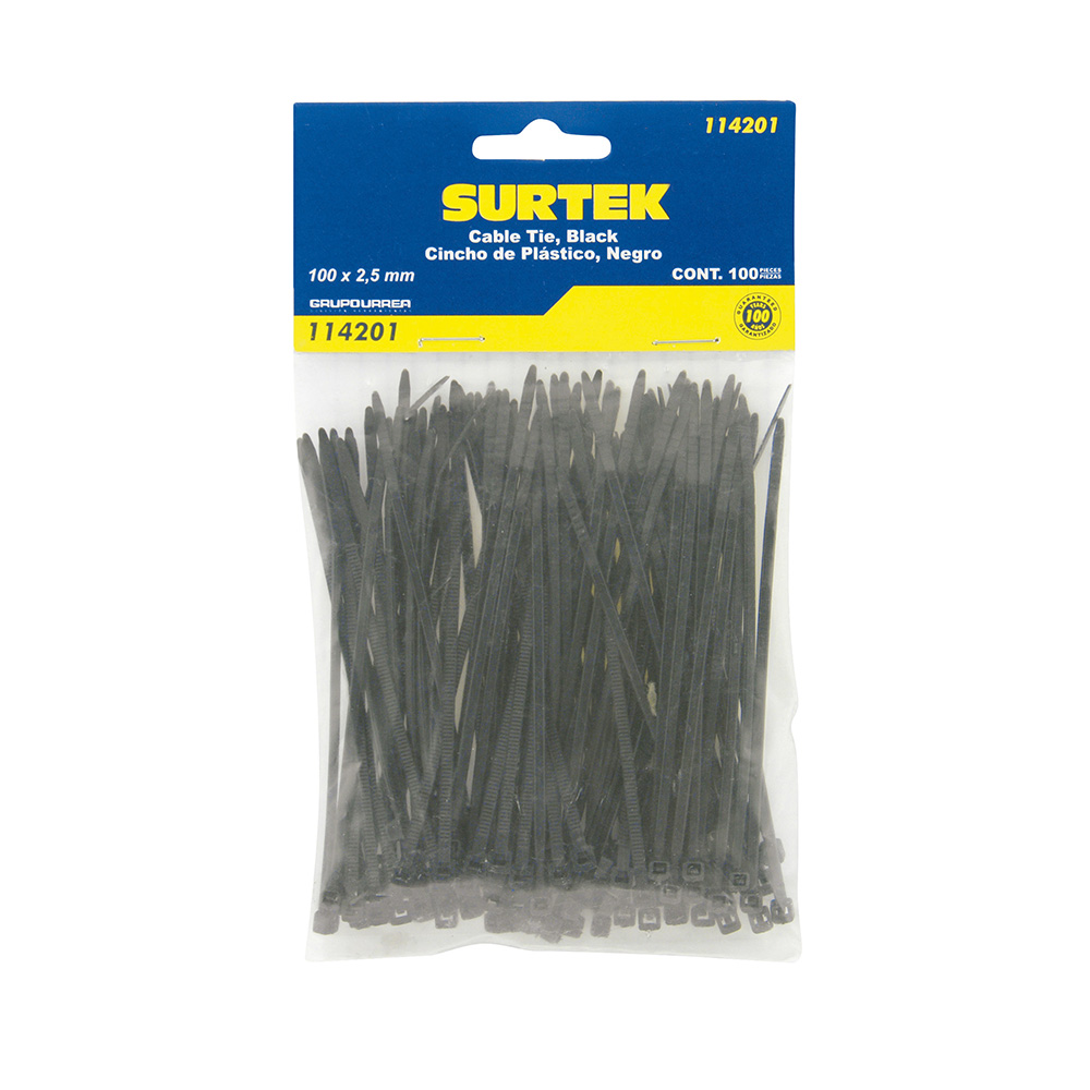 CINCHOS PLÁSTICOS 100 X 2.5 MM, TENSIÓN 8 KG DE 100 PIEZAS, COLOR NEGRO [Surtek]