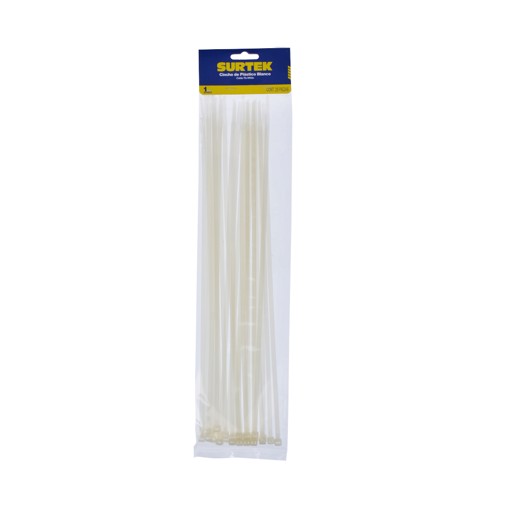 CINCHOS PLÁSTICOS 368 X 4.6 MM, TENSIÓN 22 KG DE 25 PIEZAS COLOR BLANCO [Surtek]