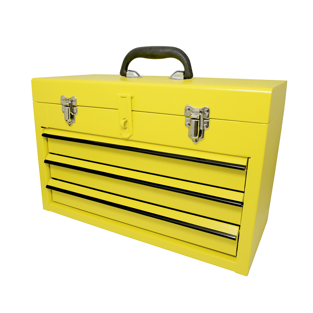 CAJA PORTAHERRAMIENTAS METÁLICA COLOR AMARILLO CON 3 GAVETAS 11″ X 18″ X 9″ [Surtek]