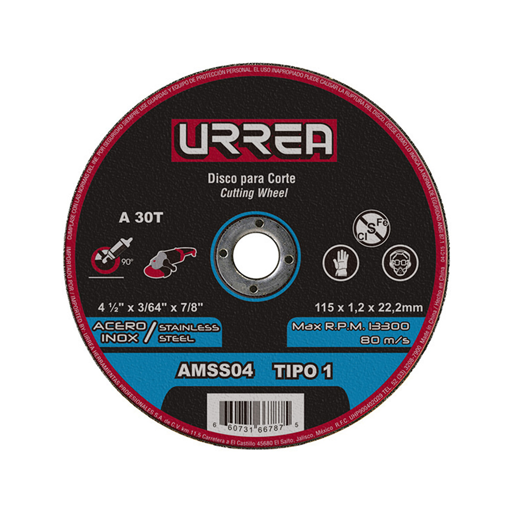 DISCO ABRASIVO TIPO 1 PARA ACERO INOXIDABLE 4-1/2″ X 3/64″ [Urrea]