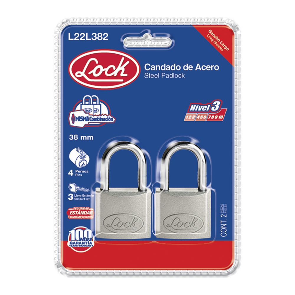 JUEGO DE CANDADOS DE ACERO LARGOS 38 MM, LLAVE ESTÁNDAR, 2 PIEZAS [Lock]